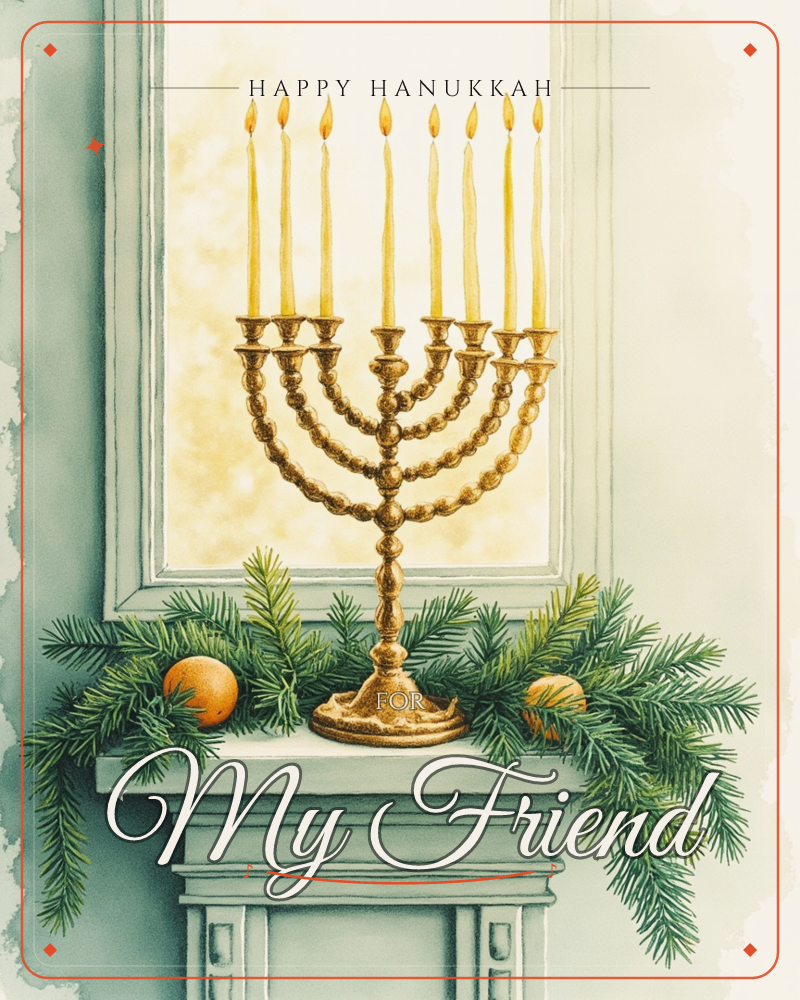 A gold menorah stands on a mantel in front of a window, its nine candles lit and glowing against warm amber light beyond the glass, a hanukkah e-card design