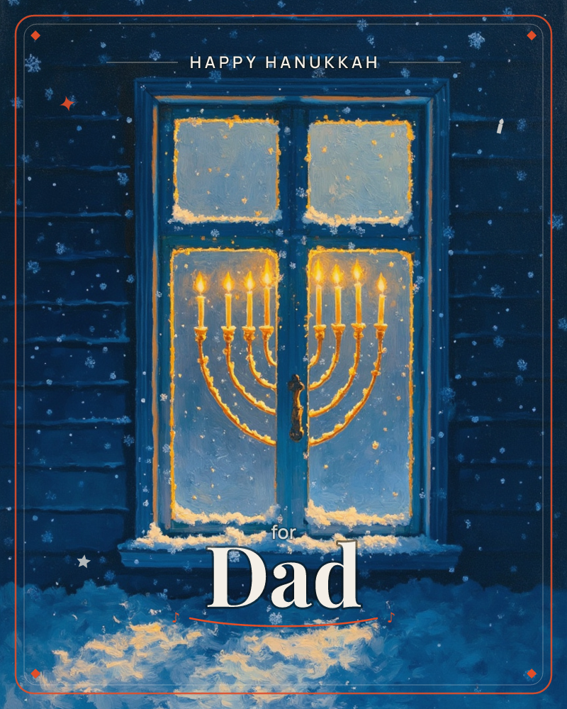 A window glows from within on a snowy night, its frame outlined in gold light with a lit menorah glowing in the lower panes, a hanukkah e-card design