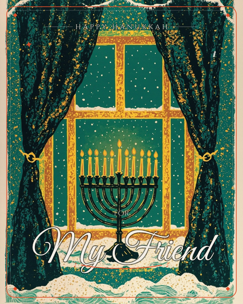 A lit menorah with all nine candles glowing stands on a snow-drifted windowsill, framed by a golden window and heavy dark green curtains pulled back…, a hanukkah e-card design