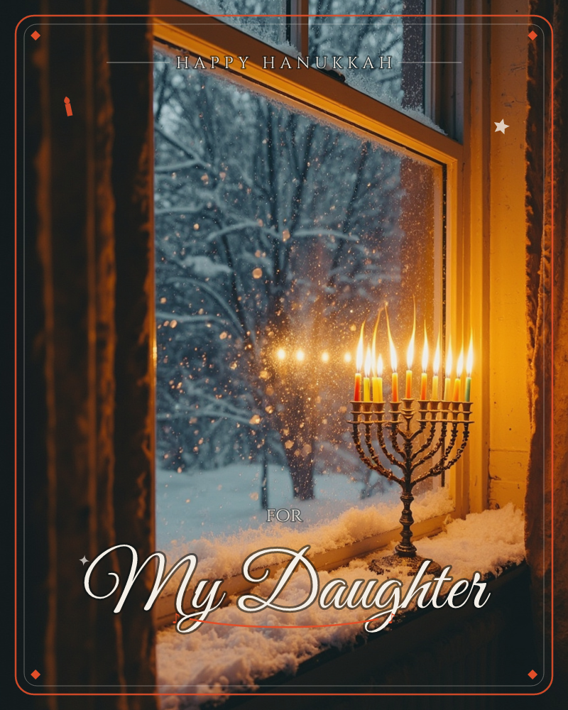 A lit menorah with nine glowing candles sits on a snow-dusted windowsill, its brass stem catching the warm light against a frosted windowpane, a hanukkah e-card design