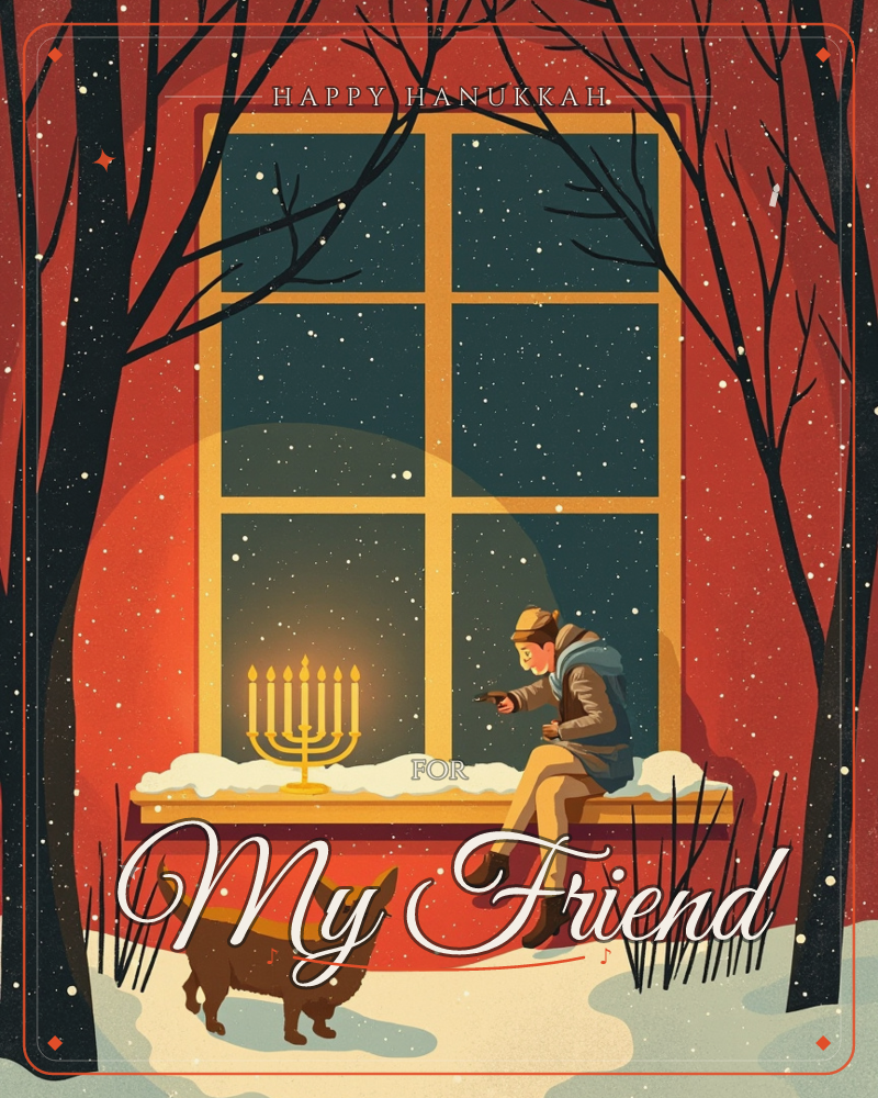 A person in a warm coat and hat sits perched on a snowy windowsill beside a lit menorah, glancing down at a corgi waiting below in the snow, a hanukkah e-card design