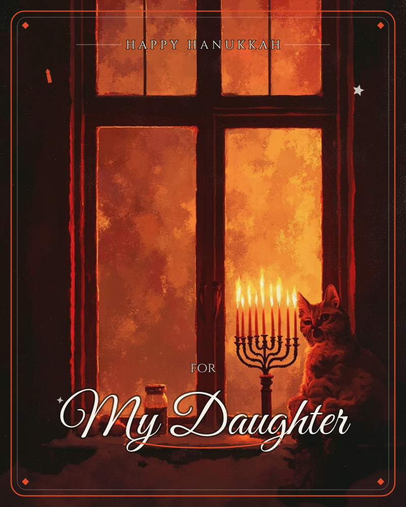 A cat sits on a snowy windowsill beside a lit menorah, its candles glowing against a frosted window filled with warm amber light, a hanukkah e-card design
