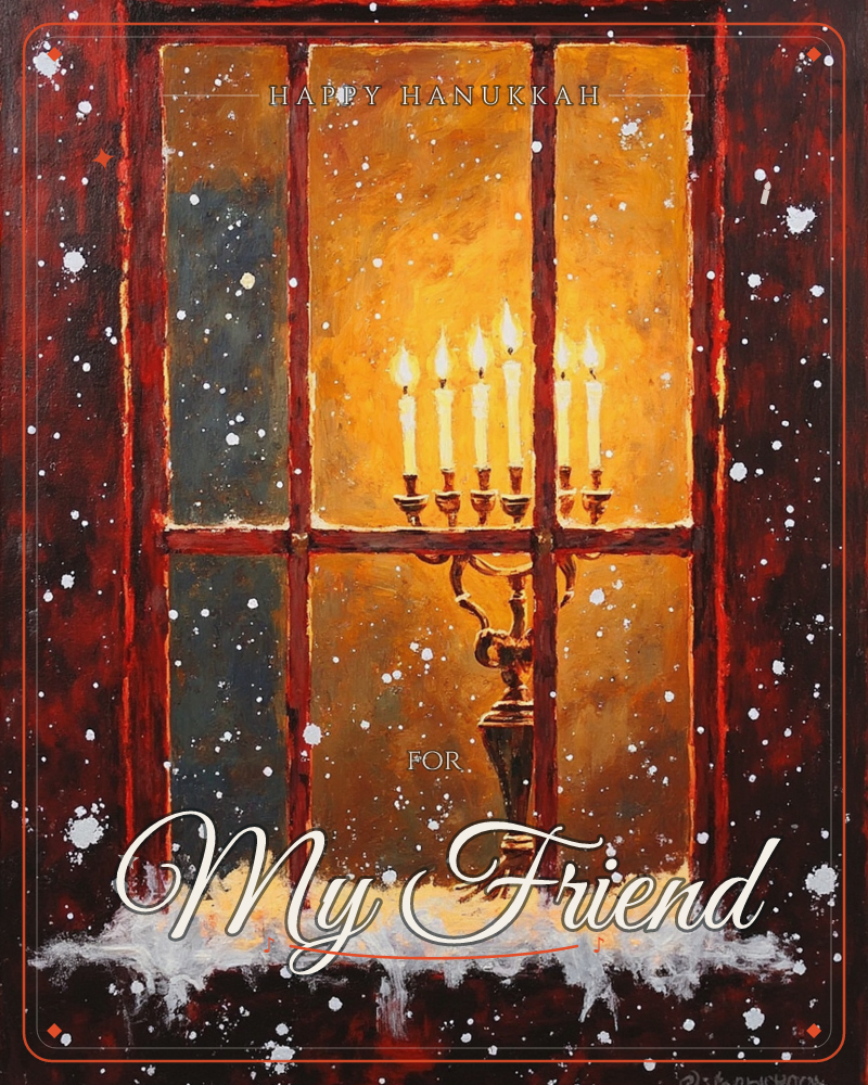 A brass menorah with six lit candles glows on a windowsill, framed by dark wooden panes reflecting a warm amber light from inside, a hanukkah e-card design