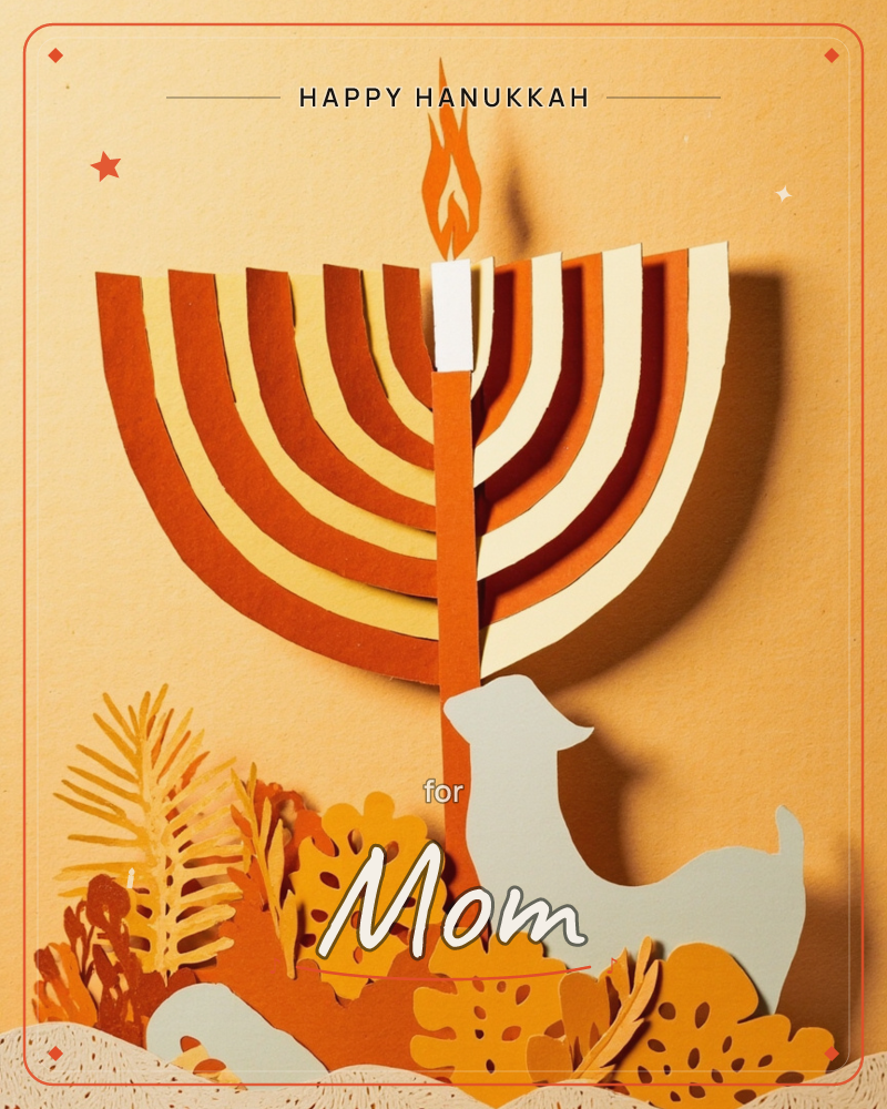 A paper-craft menorah stands centre stage, its layered branches cut in overlapping shades of rust, cream and burnt orange fanning out like an open…, a hanukkah e-card design