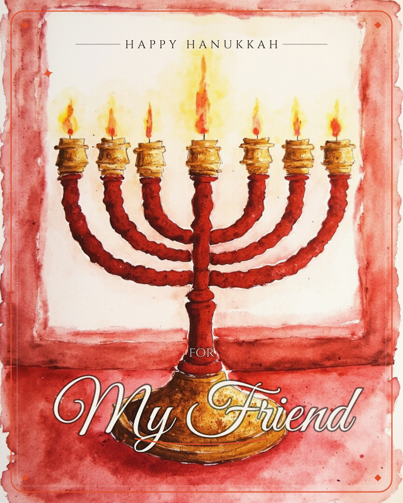 A seven-branched menorah rendered in deep red watercolour stands centre-stage, each of its curling arms topped with a golden flame glowing against a…, a hanukkah e-card design