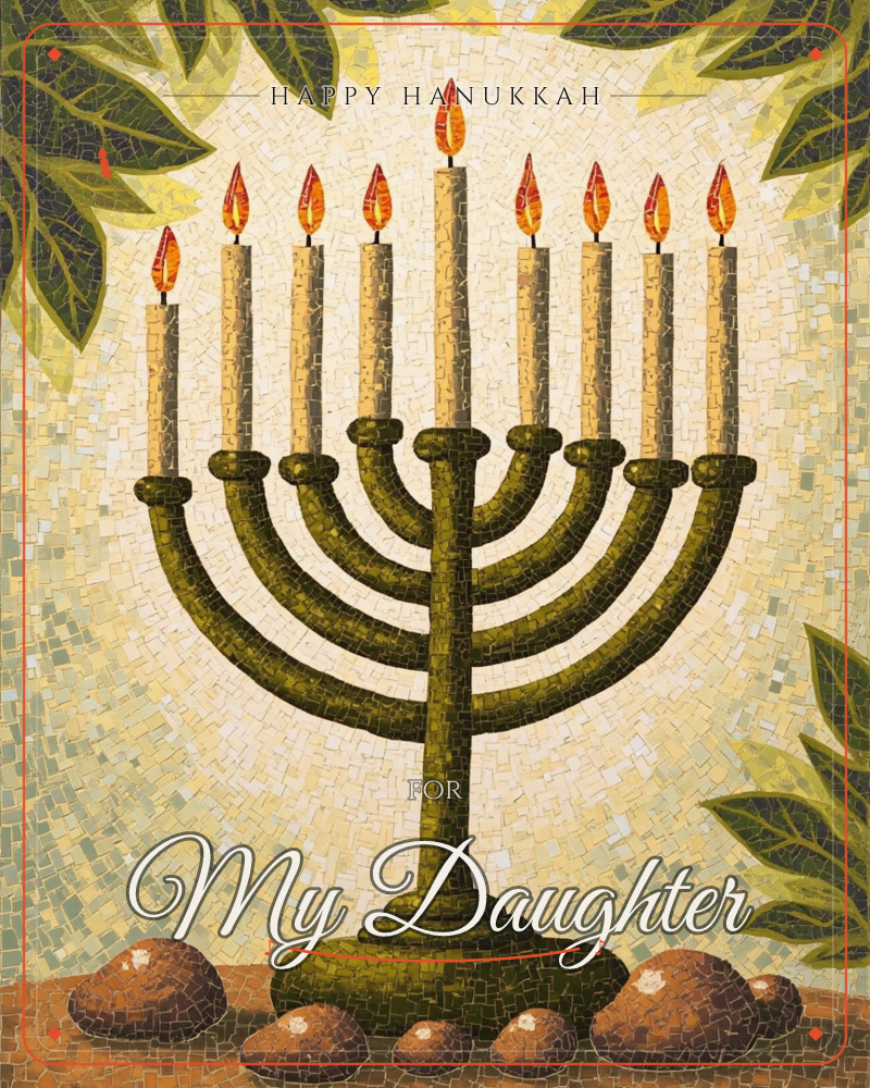 A nine-branched menorah stands with all its candles lit, rendered in a mosaic style of countless small tiles that build up a warm, glowing background, a hanukkah e-card design
