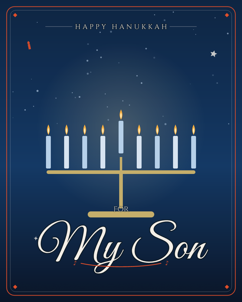Nine lit candles standing in a row on a golden branched holder, glowing against a deep midnight blue, a hanukkah e-card design