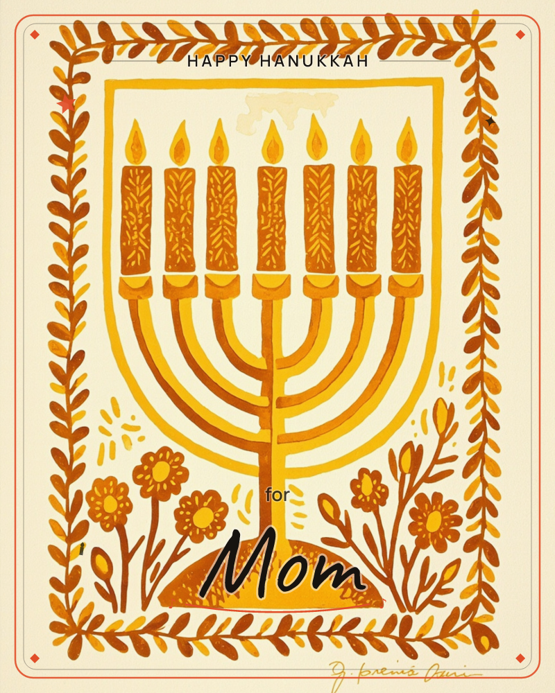A golden seven-branched menorah stands with all its candles lit, framed by a hand-painted leaf border in warm amber and rust tones, a hanukkah e-card design