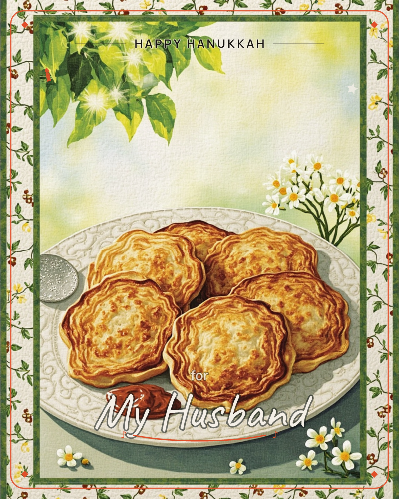 A plate of golden, scalloped-edged pastries sits with a dollop of red sauce, framed by sunlit green leaves and a small spray of white wildflowers, a hanukkah e-card design