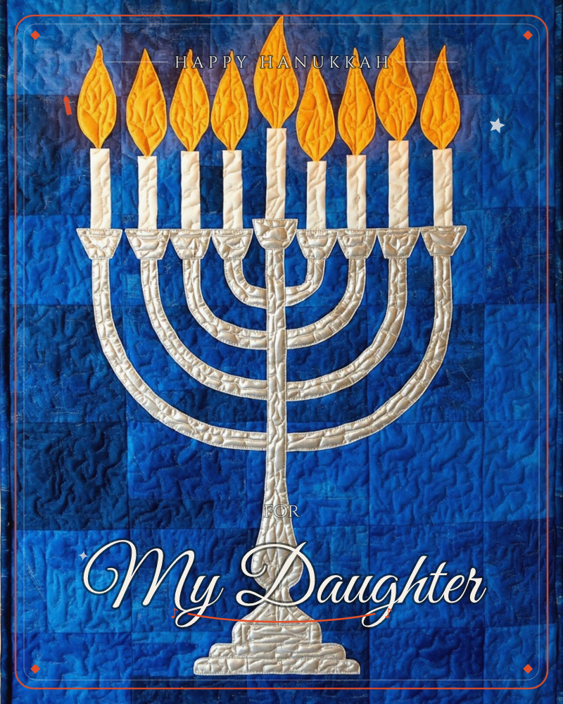 A silver menorah with nine lit candles stands against a patchwork of deep blue fabric squares, the whole image stitched and quilted rather than painted, a hanukkah e-card design