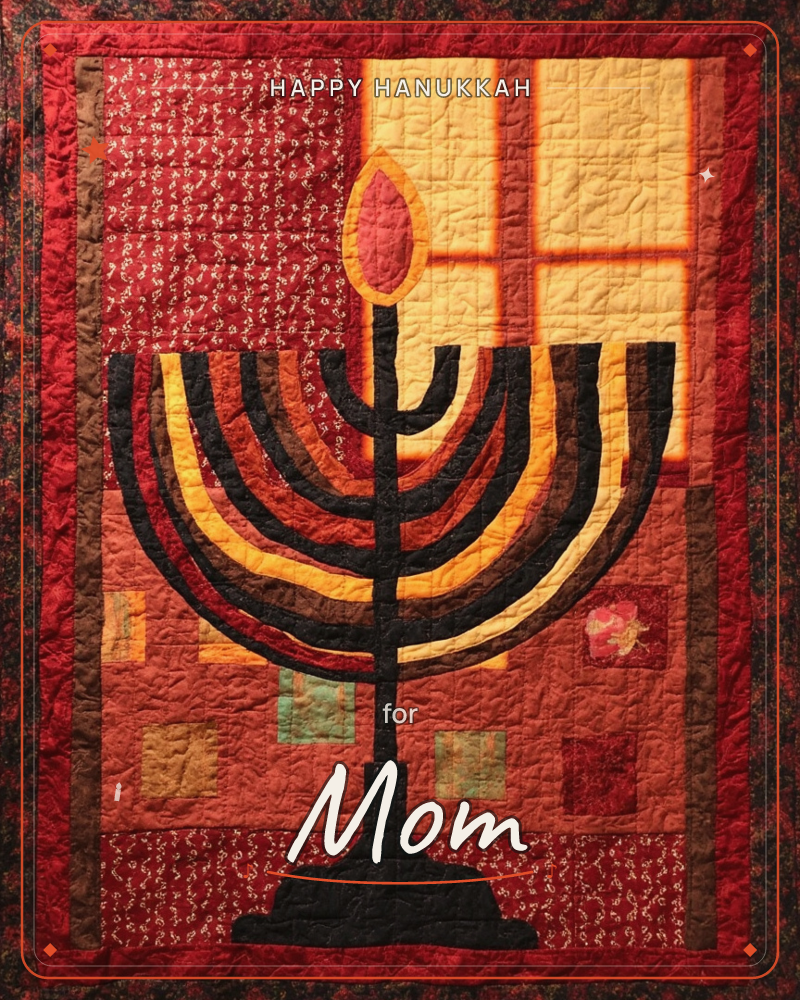 A quilted textile design shows a menorah pieced in layered arcs of black, gold, and rust fabric, its central flame appliquéd in deep red, a hanukkah e-card design