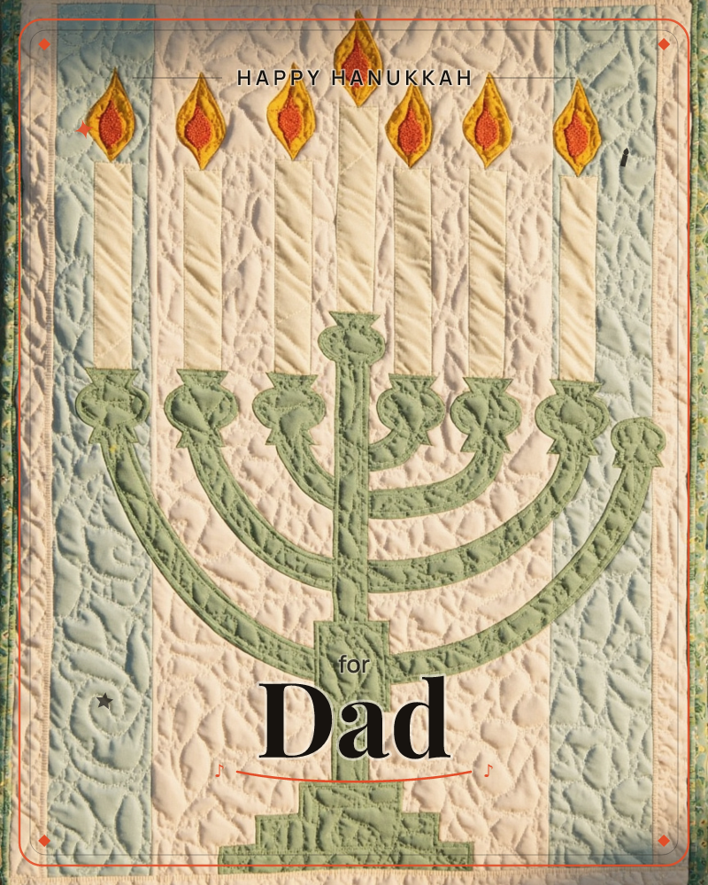 This card shows a quilted textile artwork of a seven-branched menorah in soft sage green, its candle arms curling symmetrically outward from a central…, a hanukkah e-card design