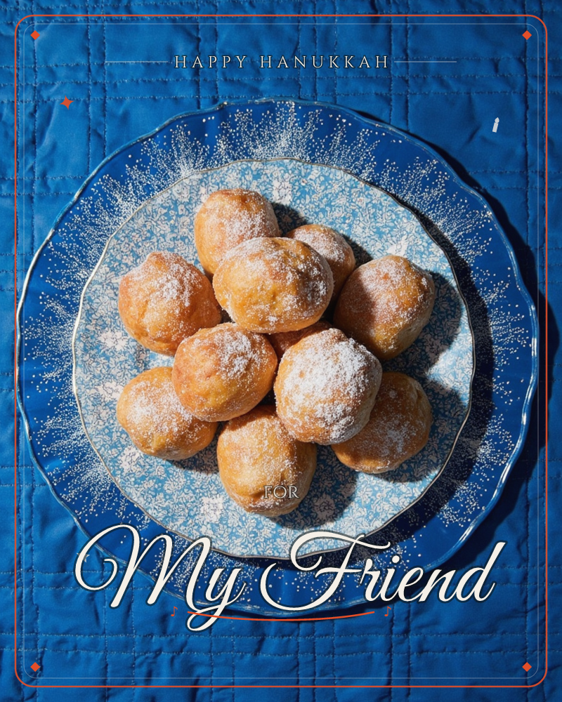 A round blue-patterned plate holds a golden pile of powdered-sugar dusted doughnuts, photographed from directly above on a quilted navy tablecloth, a hanukkah e-card design