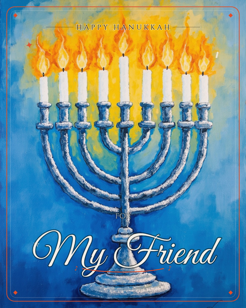 A silver menorah stands fully lit with nine flickering candle flames rendered in bright orange and gold, glowing against a deep blue painted background, a hanukkah e-card design