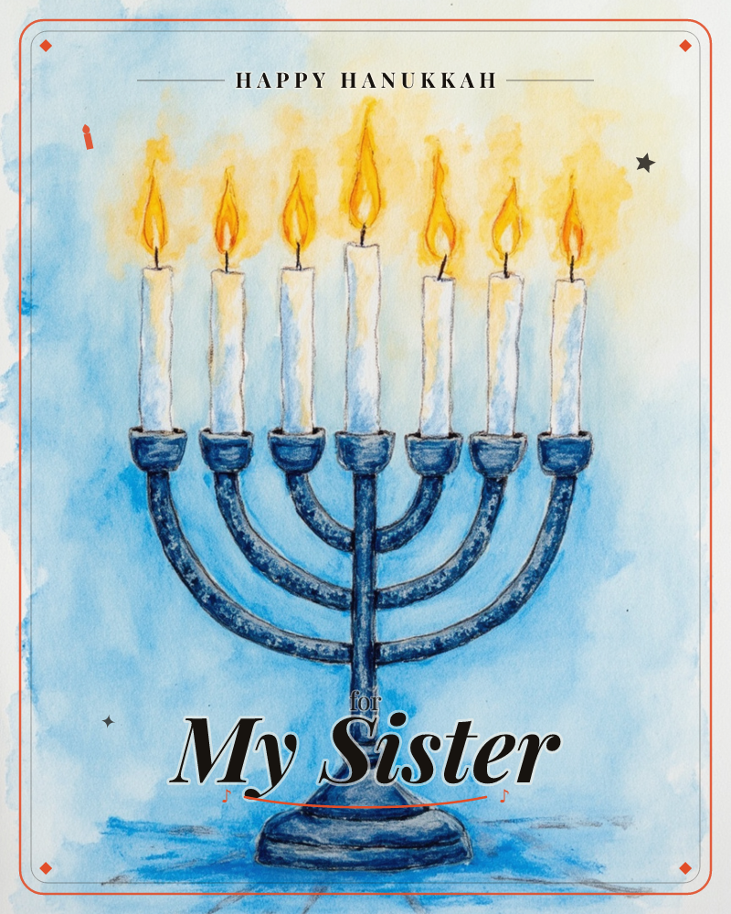 A seven-branched menorah stands in deep navy against a wash of pale and sky blue, its white candles all lit with glowing golden flames, a hanukkah e-card design