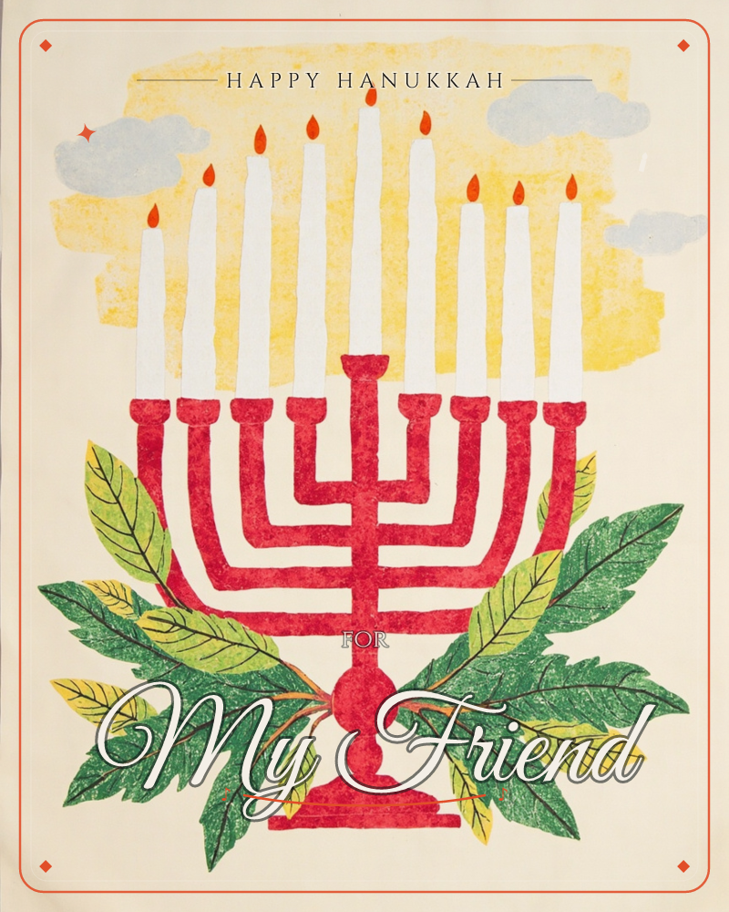 A red menorah holds nine tall white candles with flickering orange flames, all lit against a soft yellow sky dotted with grey clouds, a hanukkah e-card design