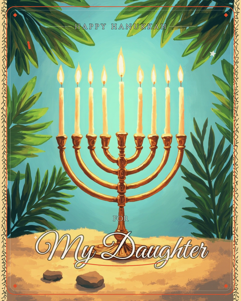 A brass menorah stands fully lit with nine glowing candles against a bright teal sky, framed by large green palm fronds and set on a sandy ground…, a hanukkah e-card design