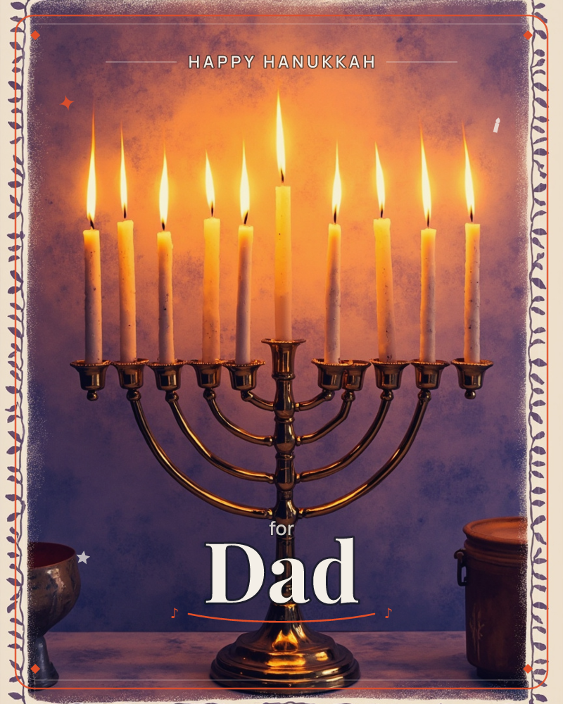 A brass menorah holds nine lit candles, all glowing against a mottled violet-and-plum backdrop washed in warm amber light, a hanukkah e-card design
