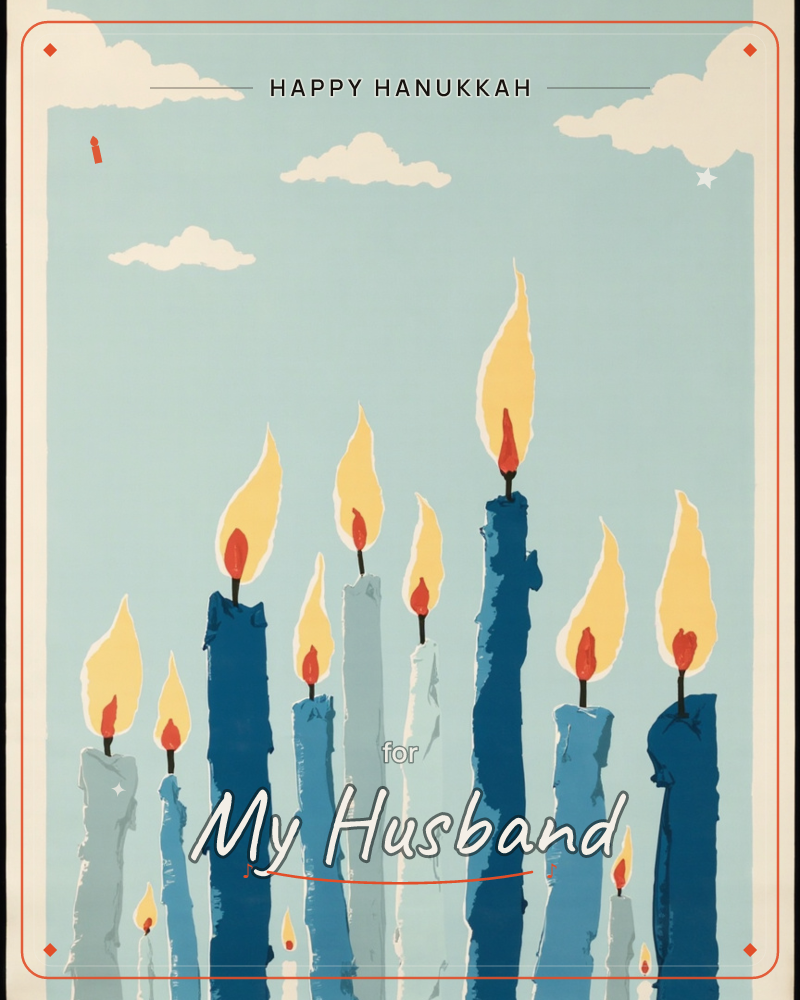A row of tall blue candles of varying heights stands against a pale sky dotted with soft white clouds, each wick topped with a bright yellow-orange flame, a hanukkah e-card design