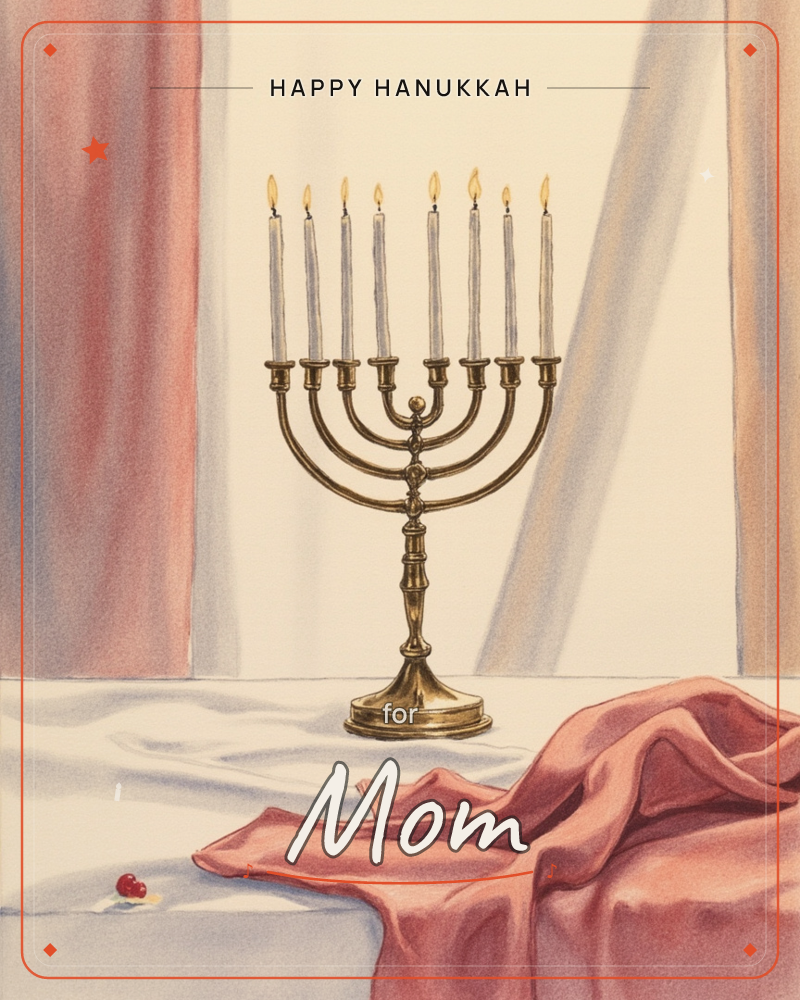 A brass menorah stands on a white cloth-draped table with all eight candles lit, their small flames glowing against a pale backdrop of rose-pink drapery, a hanukkah e-card design