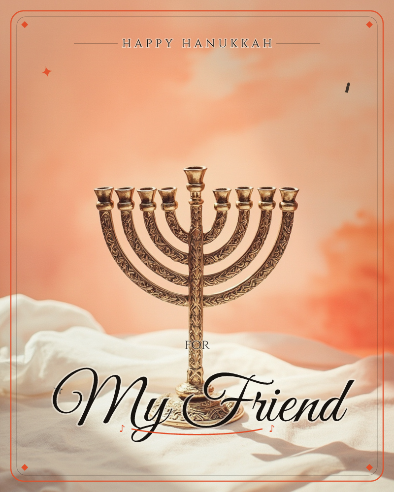 An ornate brass menorah with nine curved branches stands on rumpled white fabric, its metal etched with fine leaf-like patterns, a hanukkah e-card design