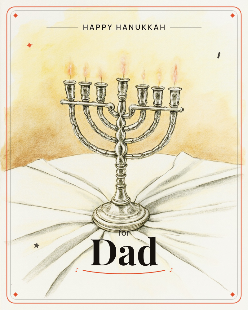 A seven-branched silver menorah stands on a pale, gathered cloth, all seven candles lit with soft flames, a hanukkah e-card design
