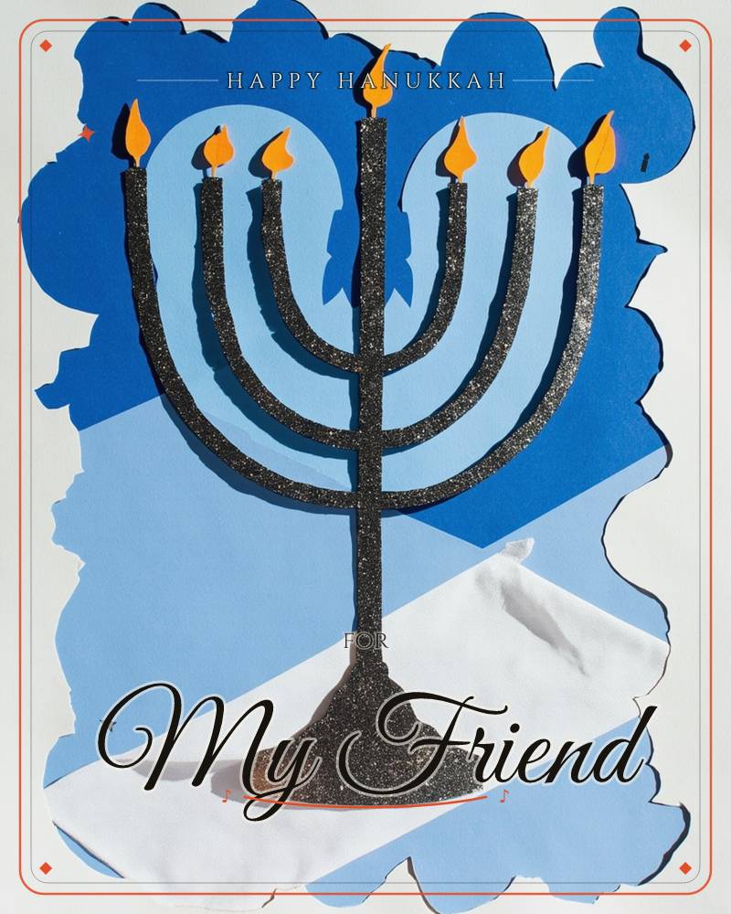 A glitter-textured black menorah with seven lit candles stands against a layered paper-cut sky of navy and sky blue, with a diagonal sweep of white…, a hanukkah e-card design