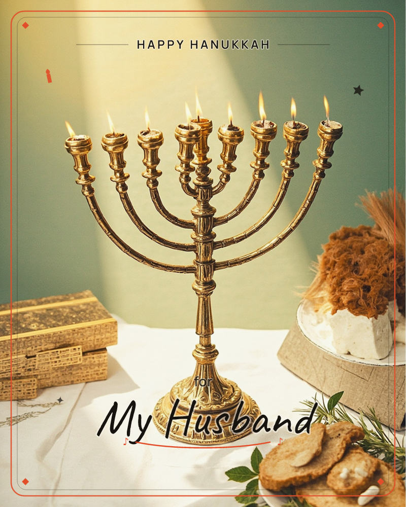 A brass nine-branched menorah stands lit on a white tablecloth, all its candles glowing softly against a sage-green wall bathed in a shaft of warm light, a hanukkah e-card design