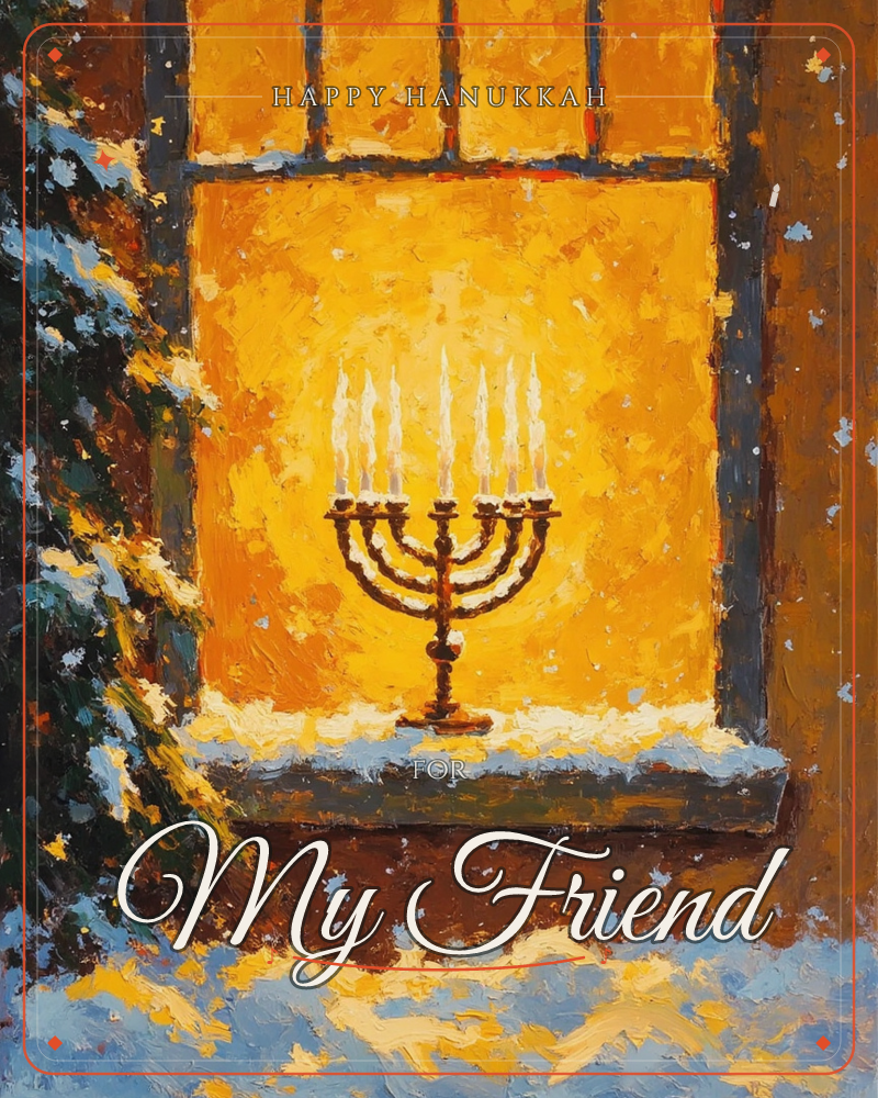 A lit menorah with candles glowing sits on a snow-dusted windowsill, framed by dark wooden panes and a warm golden light spilling out into the winter dusk, a hanukkah e-card design