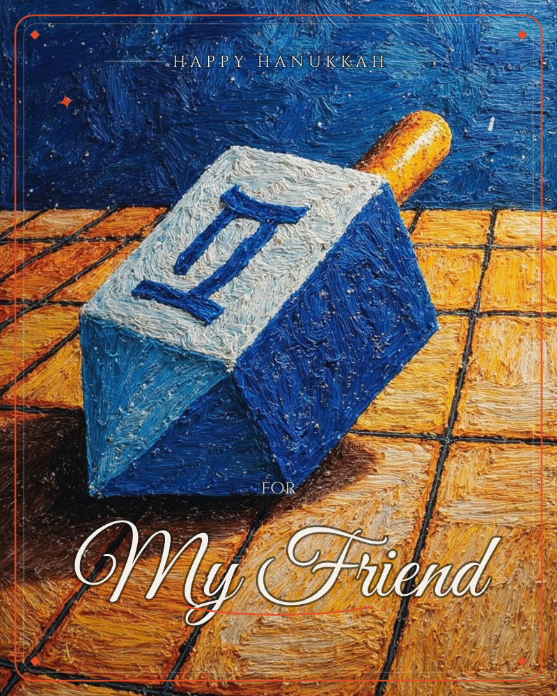 A blue and white wooden dreidel, marked with the Hebrew letter Hei, sits tilted on a warm golden tiled floor beneath a starry midnight-blue wall, a hanukkah e-card design