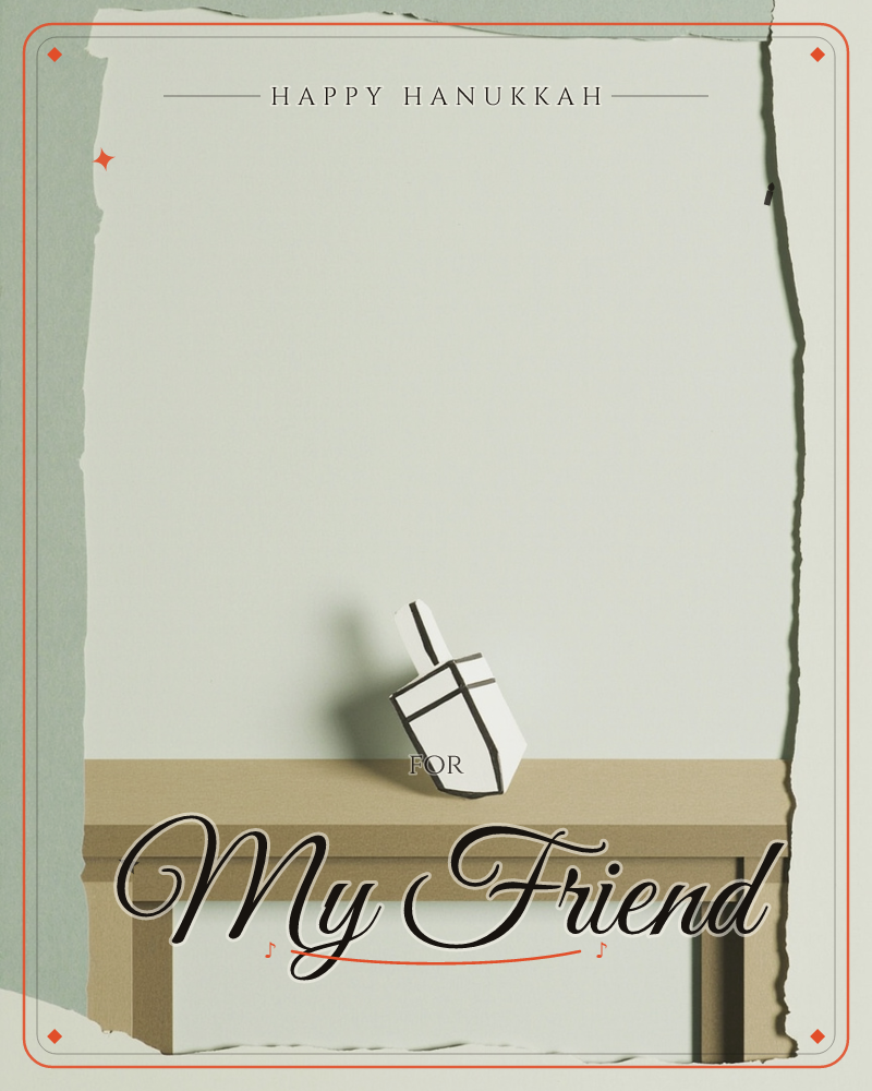 A paper-cut dreidel tips on its side atop a simple cardboard-toned table, set against a torn-paper backdrop of sage green and cream, a hanukkah e-card design
