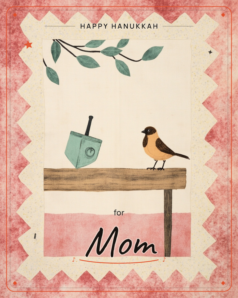 A small brown-and-gold bird perches on a wooden plank beside a teal dreidel, with a leafy branch stretching overhead against a cream background, a hanukkah e-card design