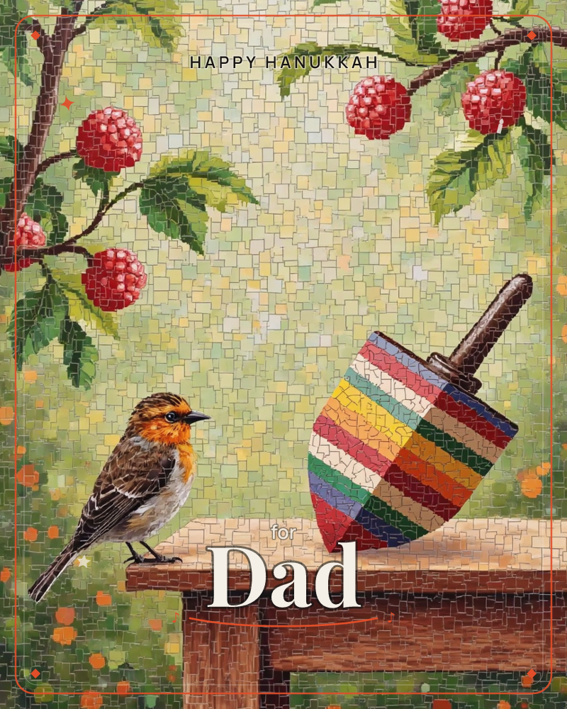 A mosaic-textured illustration shows a small orange-throated bird perched on a wooden table beside a striped wooden spinning top, with branches of ripe…, a hanukkah e-card design
