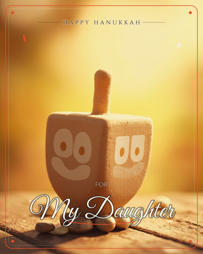 A wooden dreidel with a painted smiling face sits on a rustic wooden table, surrounded by scattered nuts, bathed in warm golden light, a hanukkah e-card design