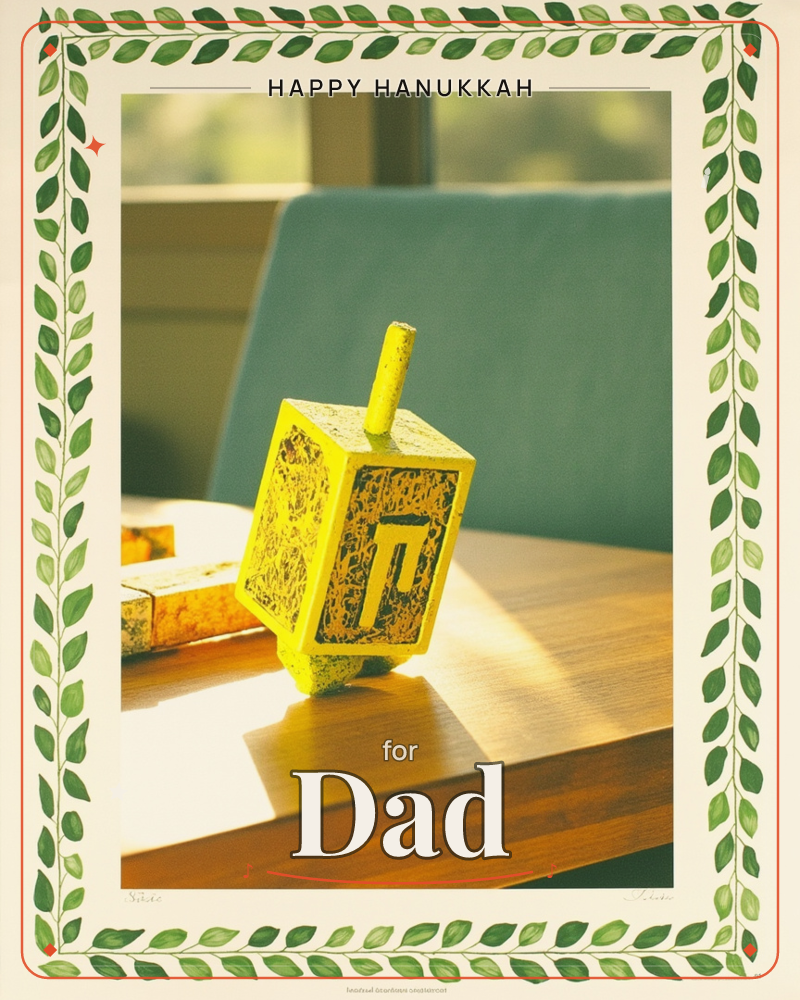 A photograph of a wooden dreidel painted yellow-green, standing upright on a polished wood tabletop with a matching one lying tipped over beside it, a hanukkah e-card design