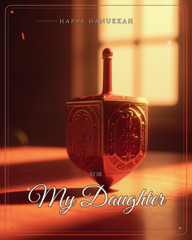 An ornately engraved dreidel stands upright on a wooden tabletop, its gold filigree catching a warm shaft of late-day light from a nearby window, a hanukkah e-card design
