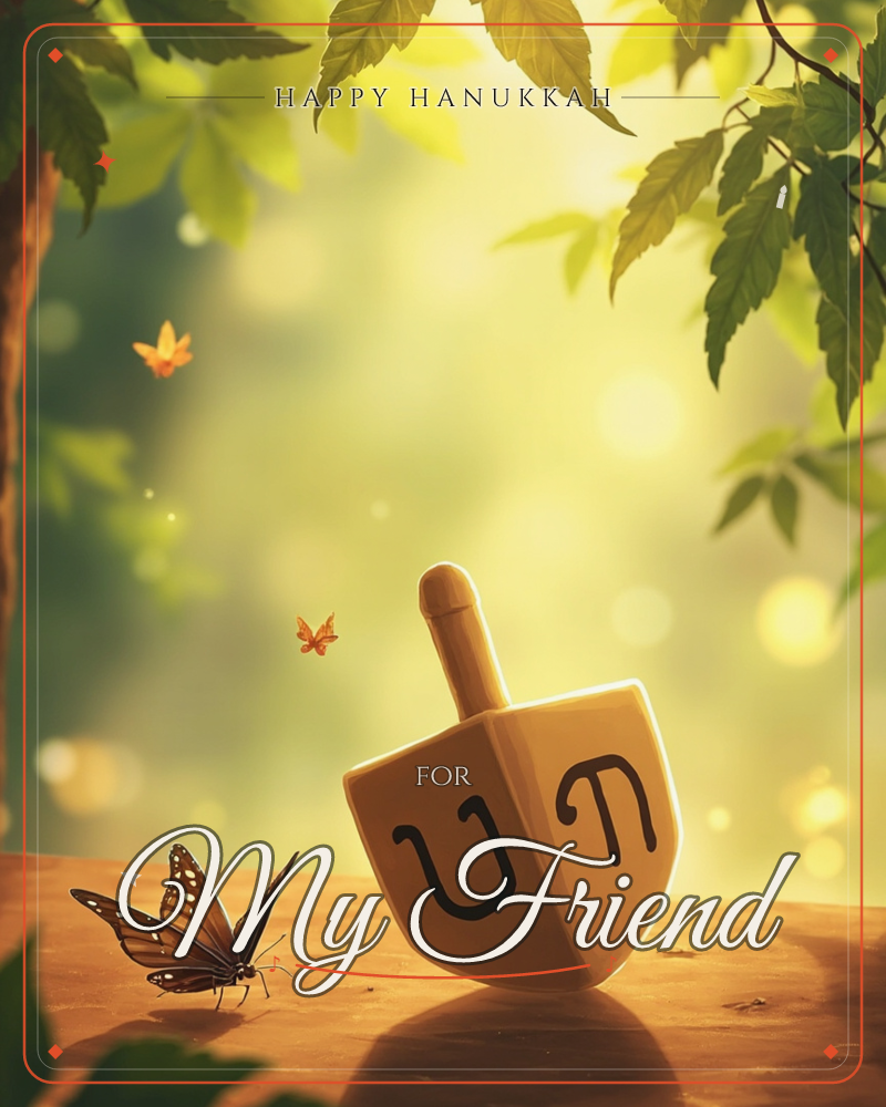 A wooden dreidel rests tipped on its side on a sunlit tabletop, framed by overhanging green leaves and dappled golden light, a hanukkah e-card design