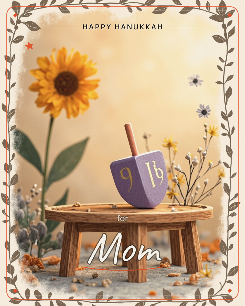 A purple wooden dreidel with gold Hebrew letters sits balanced on a tiny round table, surrounded by scattered nuts and dried flowers, a hanukkah e-card design