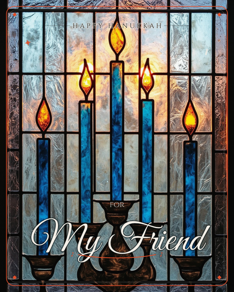 A stained-glass window depicts a five-branched candelabra with tall blue candles, each topped by a flame of amber and orange glass, a hanukkah e-card design