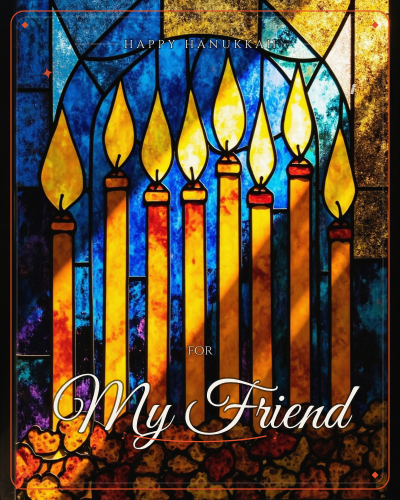 A stained-glass window design shows nine tall candles standing in a row, each topped with a bright golden flame, set beneath a blue arched frame…, a hanukkah e-card design