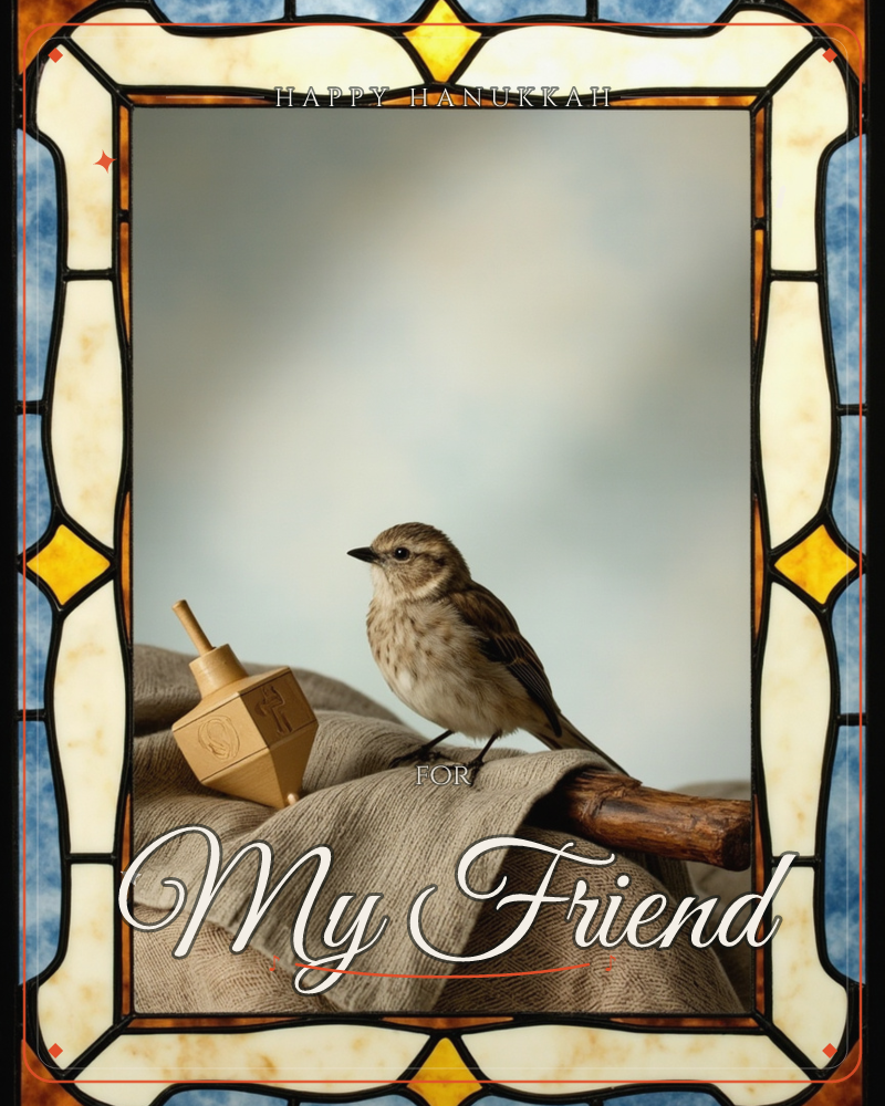 A small speckled sparrow perches on a folded linen cloth beside a wooden dreidel, set against a softly clouded grey backdrop, a hanukkah e-card design