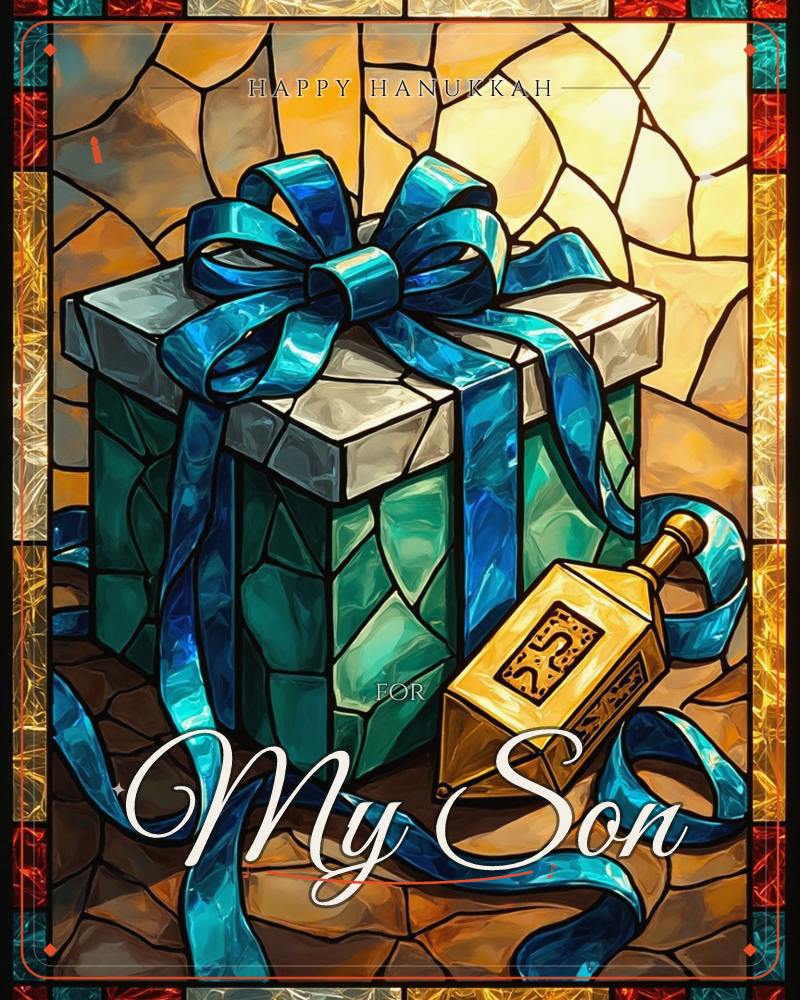 A stained-glass style illustration shows a teal gift box topped with a glossy blue bow, its ribbon trailing across a warm golden surface beside a…, a hanukkah e-card design
