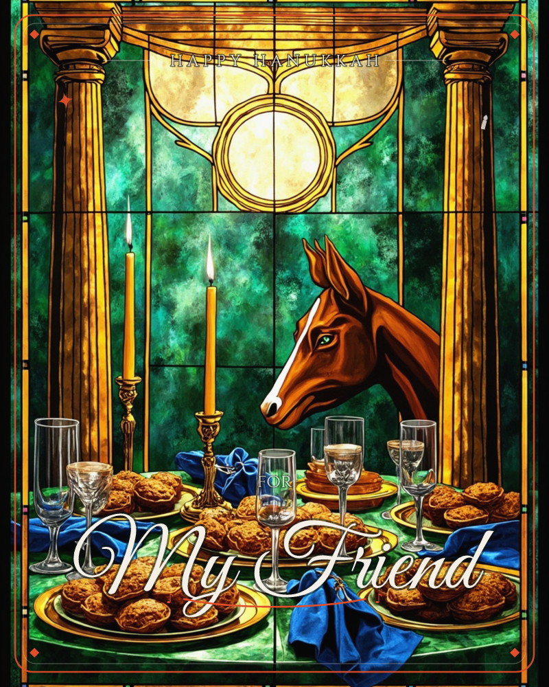 A stained-glass style illustration shows a stately banquet table set with gold-rimmed plates of pastries, crystal glasses, and deep blue napkins, all…, a hanukkah e-card design