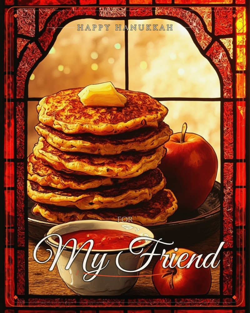 A stained-glass style window frames a stack of golden-brown pancakes topped with a pat of butter, set beside a glossy red apple and a bowl of ruby-red…, a hanukkah e-card design