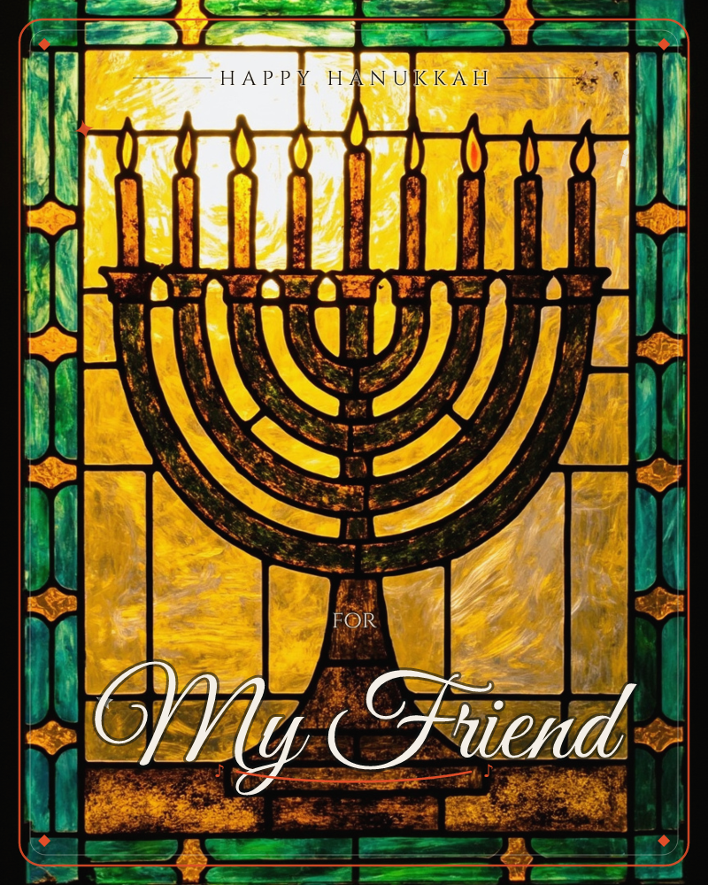 A stained-glass window glows with a nine-branched menorah, its candles lit and rendered in deep bronze against panes of swirling amber and gold, a hanukkah e-card design