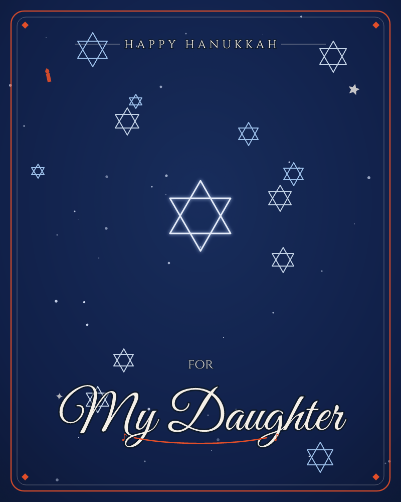 A deep midnight-blue sky is scattered with glowing outlines of six-pointed Stars of David, one large and radiant at the centre with smaller stars…, a hanukkah e-card design by @DittyCityTeam