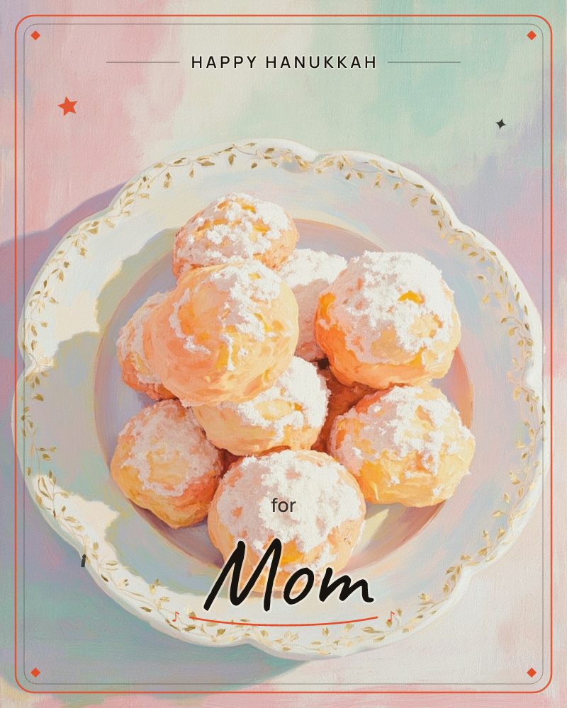 A scalloped white plate edged with a delicate gold vine pattern holds a mound of powdered-sugar-dusted pastries, their golden centers peeking through, a hanukkah e-card design
