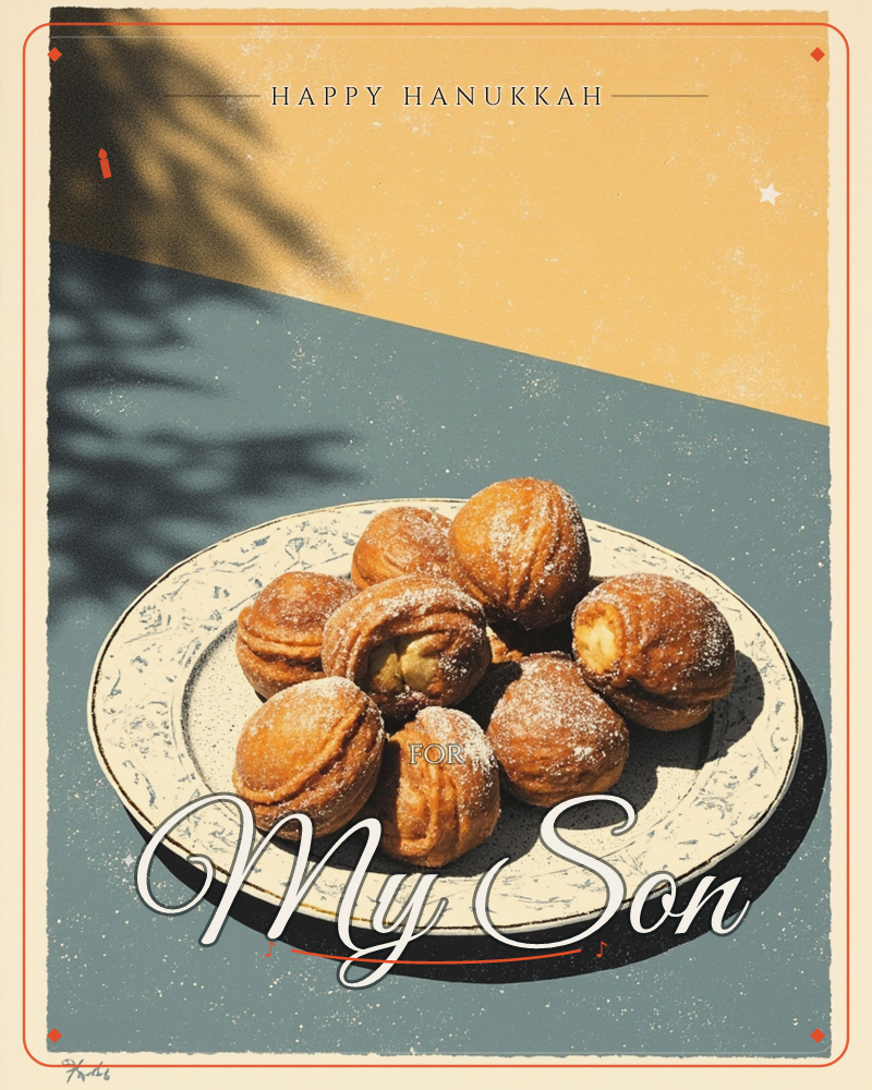 A patterned ceramic plate is piled with golden, cream-filled pastry puffs dusted in powdered sugar, sitting on a table split between warm mustard wall…, a hanukkah e-card design