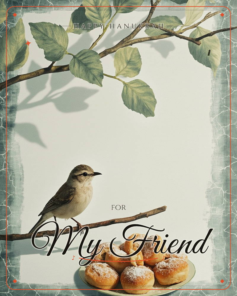 A small speckled bird perches on a bare branch above a plate of powdered sugar-dusted pastries, framed by a leafy overhanging bough and a mottled…, a hanukkah e-card design
