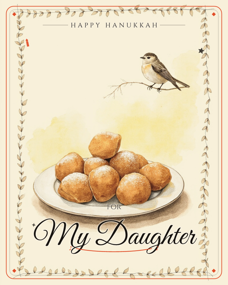 A white plate piled with golden, sugar-dusted doughnut holes sits against a soft cream background, while a small speckled bird perches on a bare twig…, a hanukkah e-card design